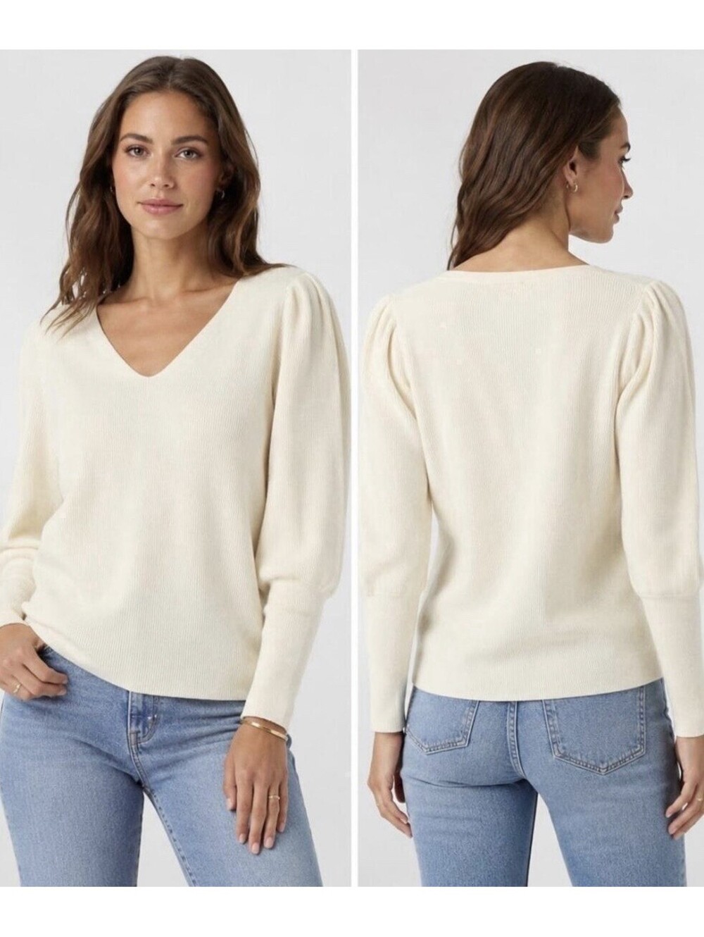 REBECCA TAYLOR Stretch Merino Wool Ribbed V-Neck Puff Sleeve Sweater in Cream-XL